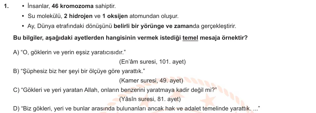 LGS Örnek Soruları Aralık 2020 Sözel Din Kültürü ve Ahlak Bilgisi 1. Soru görseli
