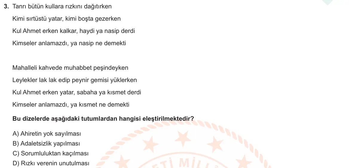 LGS Örnek Soruları Aralık 2020 Sözel Din Kültürü ve Ahlak Bilgisi 3. Soru görseli