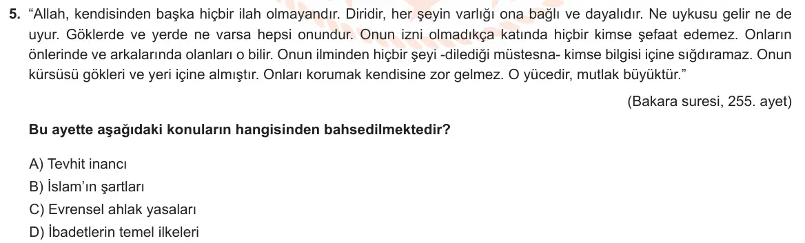 LGS Örnek Soruları Aralık 2020 Sözel Din Kültürü ve Ahlak Bilgisi 5. Soru görseli