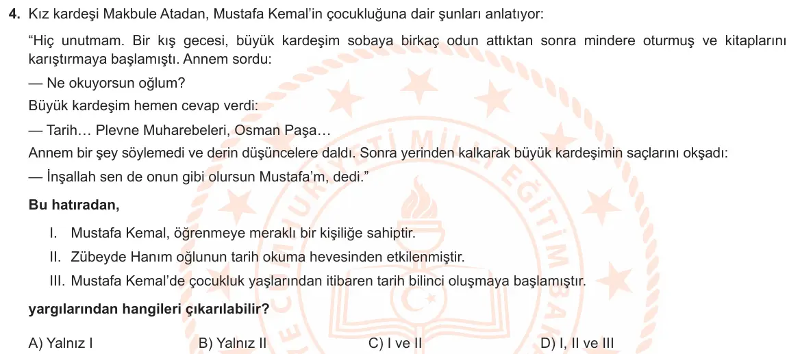 LGS Örnek Soruları Aralık 2020 Sözel T.C. İnkılap Tarihi ve Atatürkçülük 4. Soru görseli