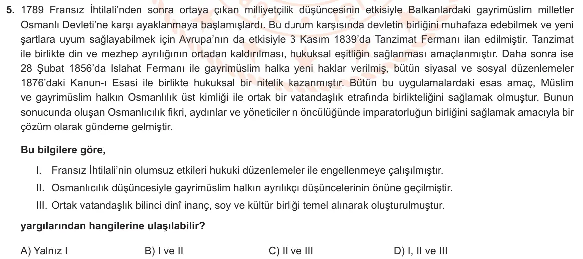 LGS Örnek Soruları Aralık 2020 Sözel T.C. İnkılap Tarihi ve Atatürkçülük 5. Soru görseli