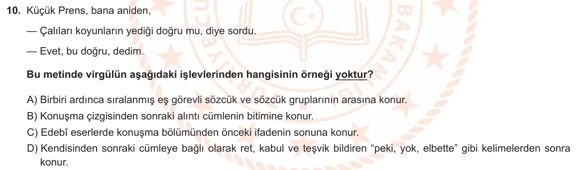 LGS Örnek Soruları Aralık 2020 Sözel Türkçe 10. Soru görseli