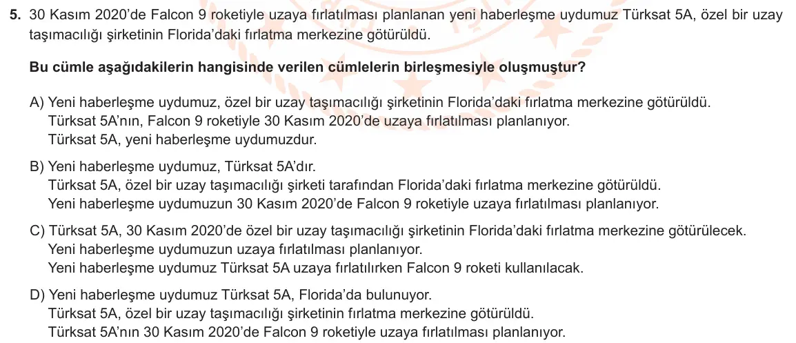 LGS Örnek Soruları Aralık 2020 Sözel Türkçe 5. Soru görseli