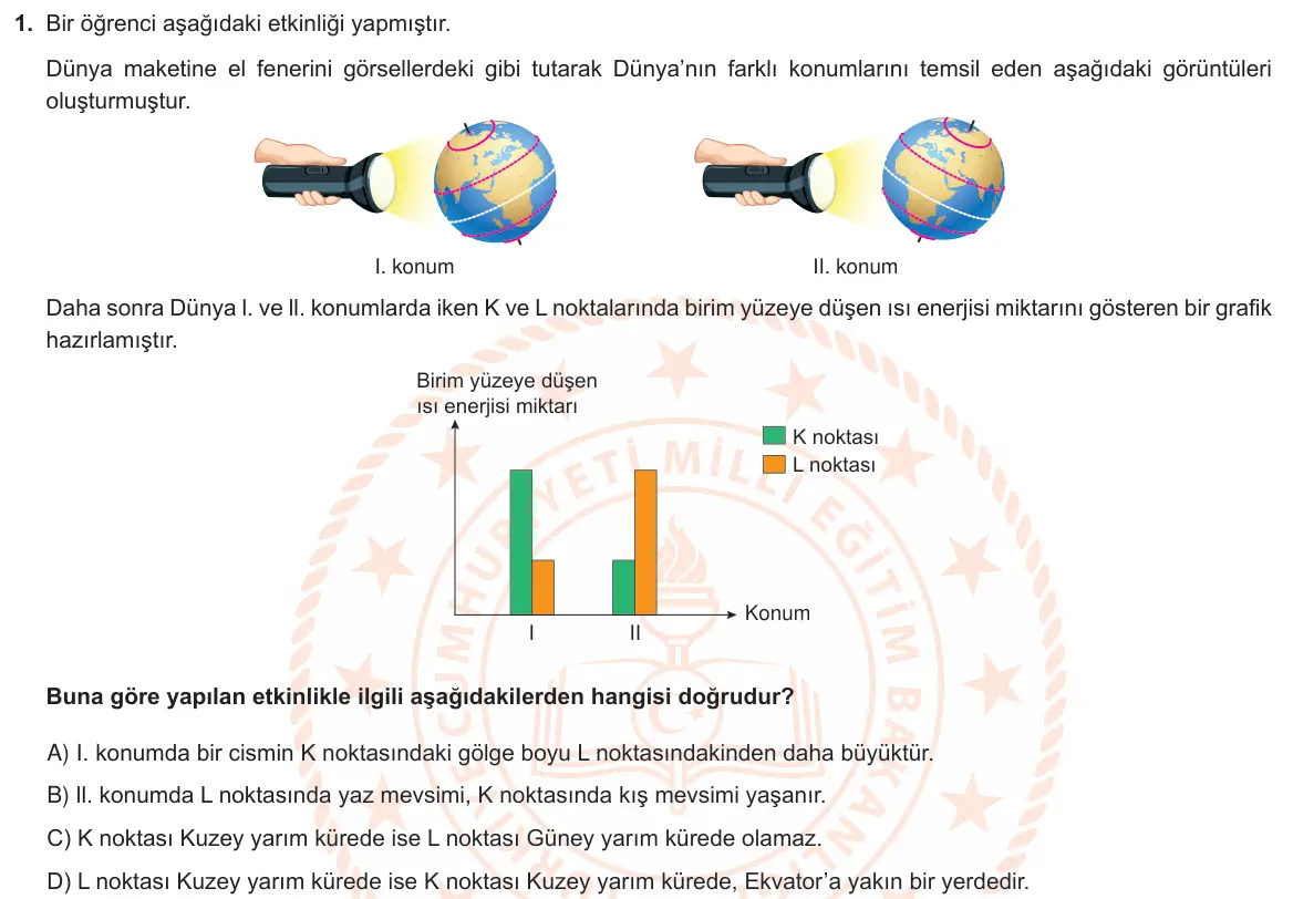 LGS Örnek Soruları Mart 2021 Sayısal Fen Bilimleri 1. Soru görseli