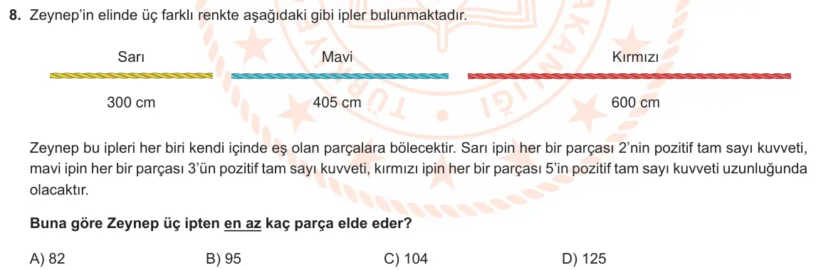 LGS Örnek Soruları Mart 2021 Sayısal Matematik 8. Soru görseli