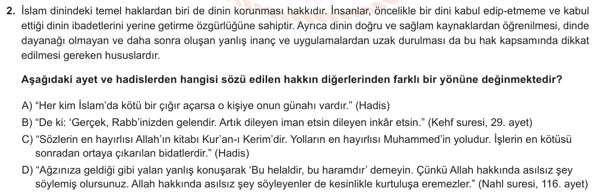 LGS Örnek Soruları Mart 2021 Sözel Din Kültürü ve Ahlak Bilgisi 2. Soru görseli