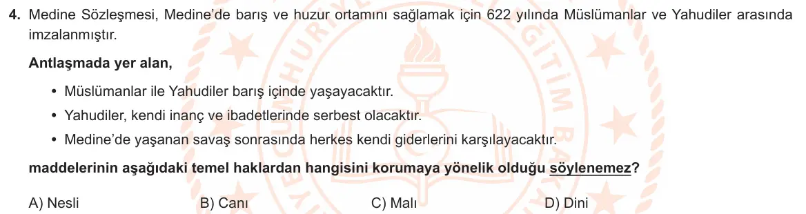LGS Örnek Soruları Mart 2021 Sözel Din Kültürü ve Ahlak Bilgisi 4. Soru görseli