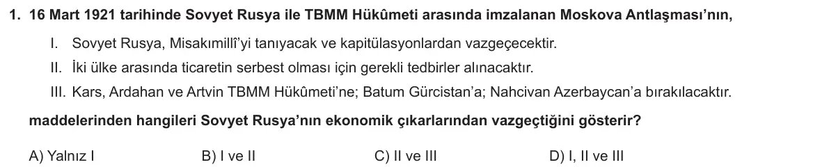 LGS Örnek Soruları Mart 2021 Sözel T.C. İnkılap Tarihi ve Atatürkçülük 1. Soru görseli
