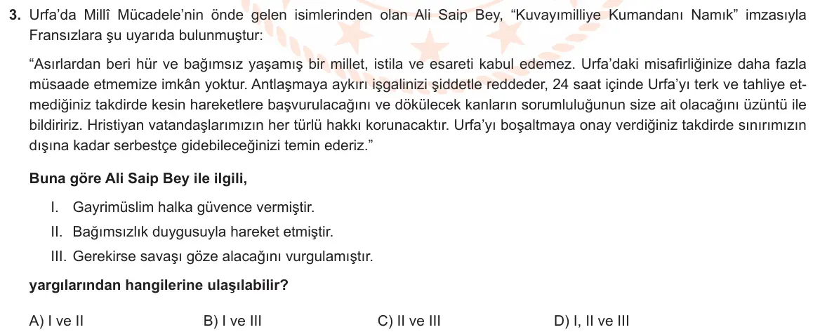 LGS Örnek Soruları Mart 2021 Sözel T.C. İnkılap Tarihi ve Atatürkçülük 3. Soru görseli