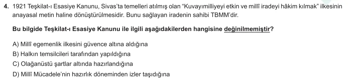 LGS Örnek Soruları Mart 2021 Sözel T.C. İnkılap Tarihi ve Atatürkçülük 4. Soru görseli