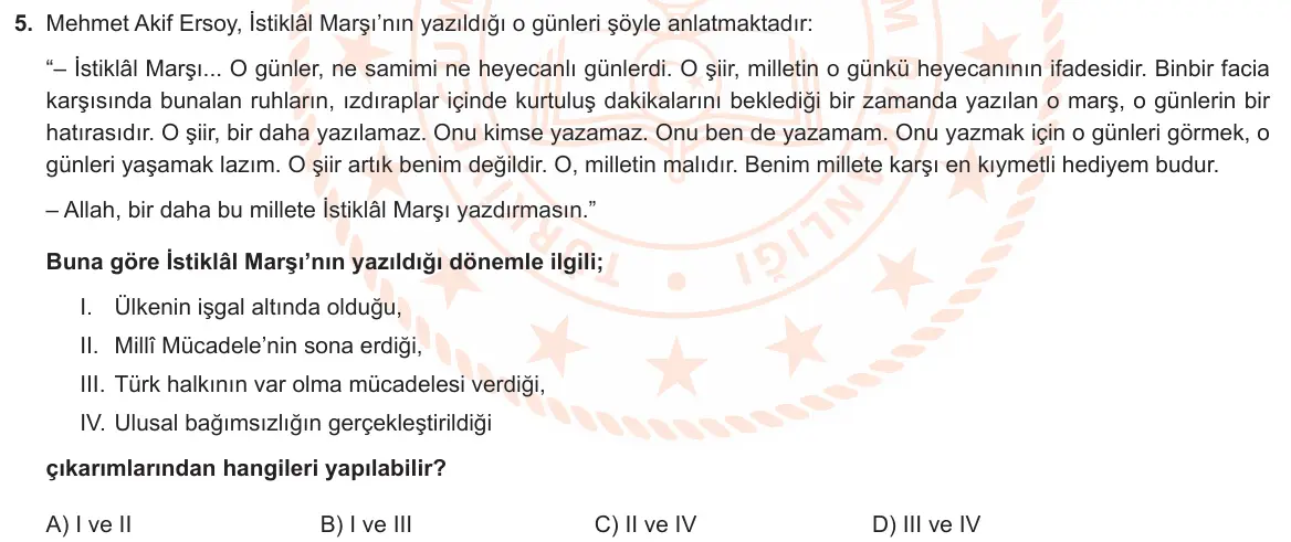 LGS Örnek Soruları Mart 2021 Sözel T.C. İnkılap Tarihi ve Atatürkçülük 5. Soru görseli
