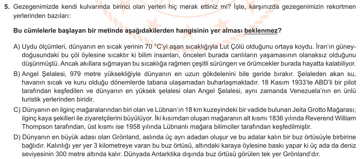 LGS Örnek Soruları Mart 2021 Sözel Türkçe 5. Soru görseli