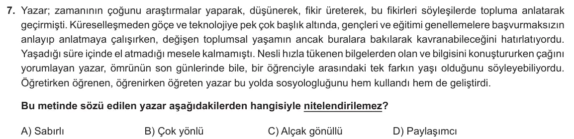 LGS Örnek Soruları Mart 2021 Sözel Türkçe 7. Soru görseli
