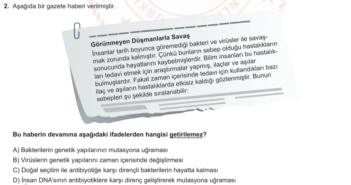 LGS Örnek Soruları Mayıs 2021 Sayısal Fen Bilimleri 2. Soru görseli