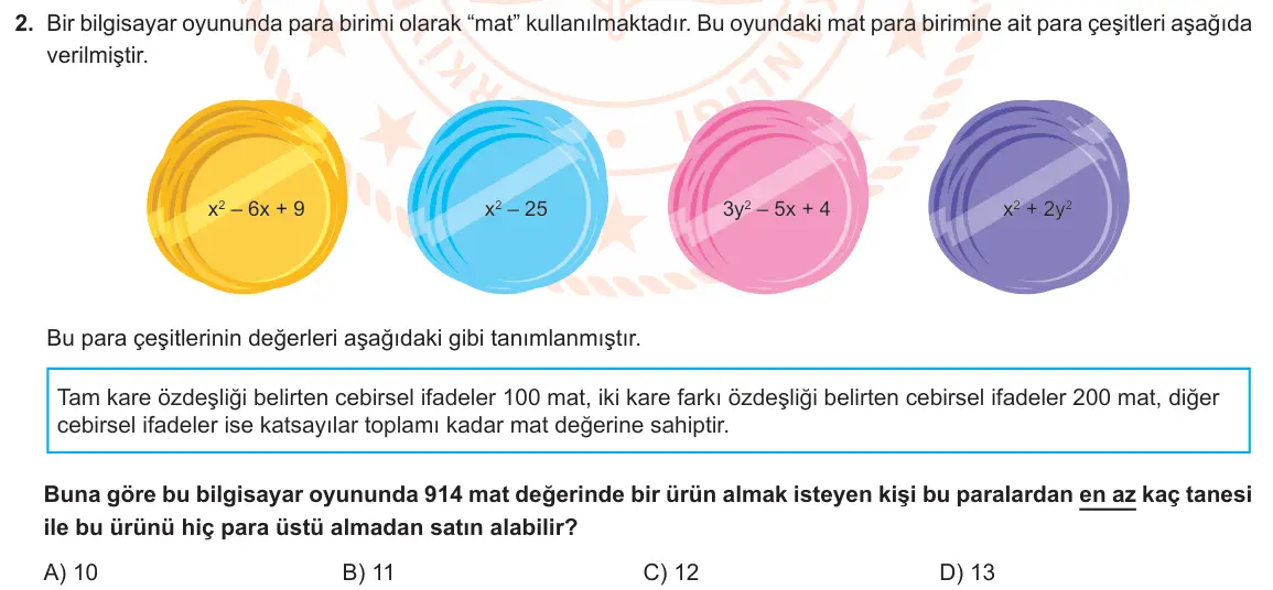 LGS Örnek Soruları Mayıs 2021 Sayısal Matematik 2. Soru görseli