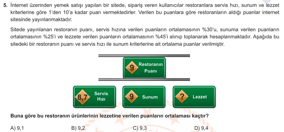 LGS Örnek Soruları Mayıs 2021 Sayısal Matematik 5. Soru görseli
