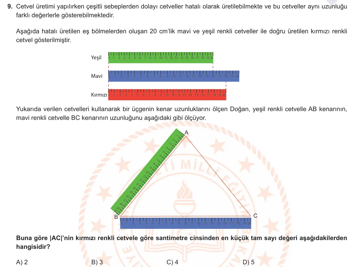 LGS Örnek Soruları Mayıs 2021 Sayısal Matematik 9. Soru görseli