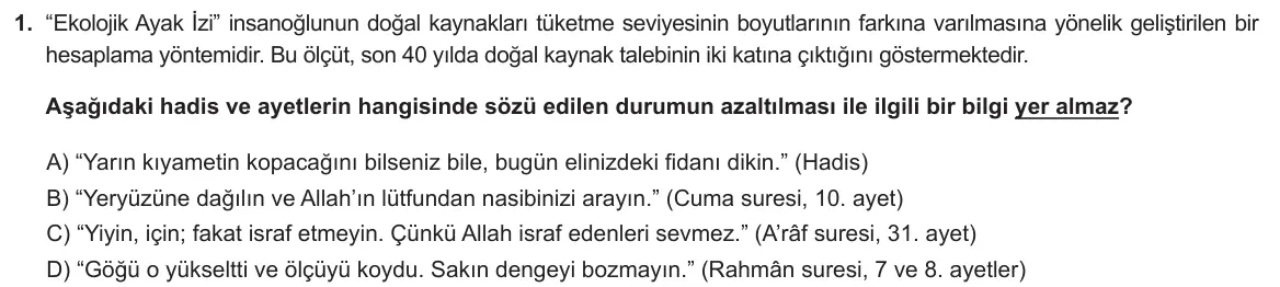 LGS Örnek Soruları Mayıs 2021 Sözel Din Kültürü ve Ahlak Bilgisi 1. Soru görseli