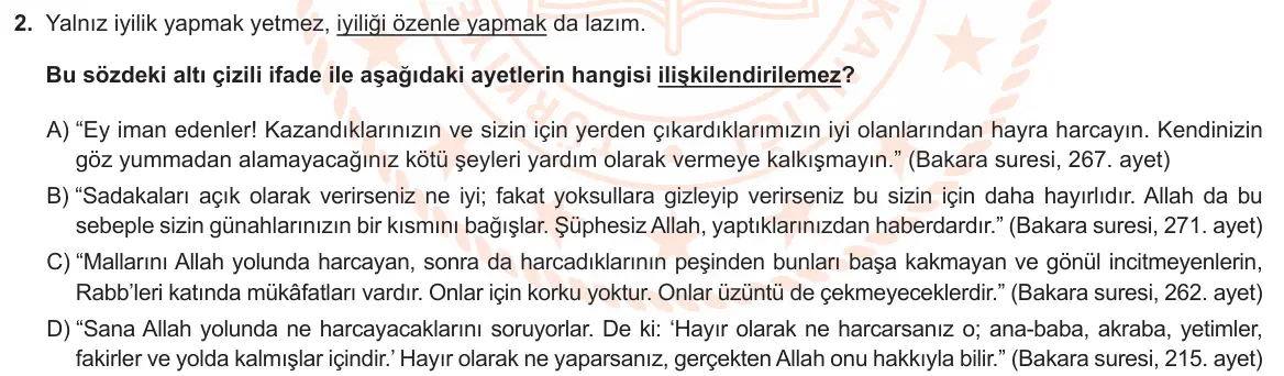 LGS Örnek Soruları Mayıs 2021 Sözel Din Kültürü ve Ahlak Bilgisi 2. Soru görseli