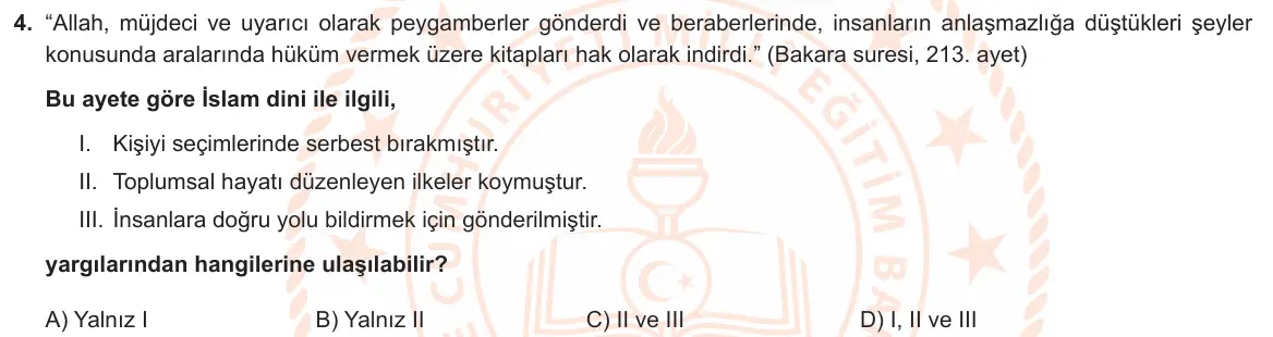 LGS Örnek Soruları Mayıs 2021 Sözel Din Kültürü ve Ahlak Bilgisi 4. Soru görseli