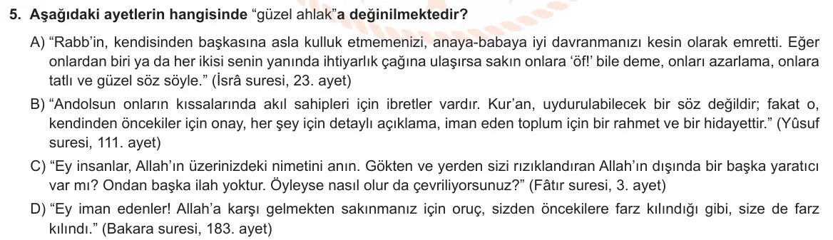 LGS Örnek Soruları Mayıs 2021 Sözel Din Kültürü ve Ahlak Bilgisi 5. Soru görseli