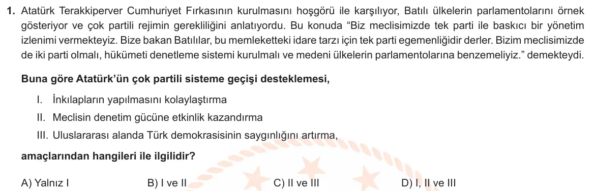 LGS Örnek Soruları Mayıs 2021 Sözel T.C. İnkılap Tarihi ve Atatürkçülük 1. Soru görseli