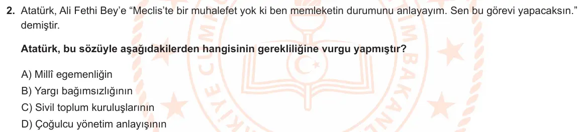 LGS Örnek Soruları Mayıs 2021 Sözel T.C. İnkılap Tarihi ve Atatürkçülük 2. Soru görseli
