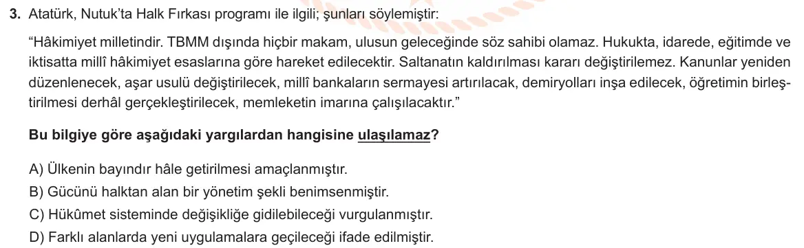 LGS Örnek Soruları Mayıs 2021 Sözel T.C. İnkılap Tarihi ve Atatürkçülük 3. Soru görseli
