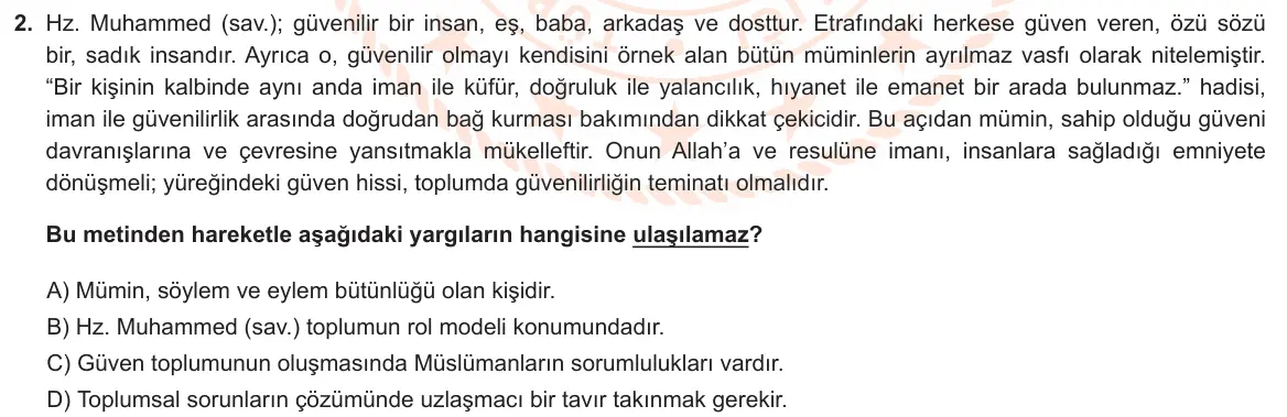 LGS Örnek Soruları Nisan 2021 Sözel Din Kültürü ve Ahlak Bilgisi 2. Soru görseli