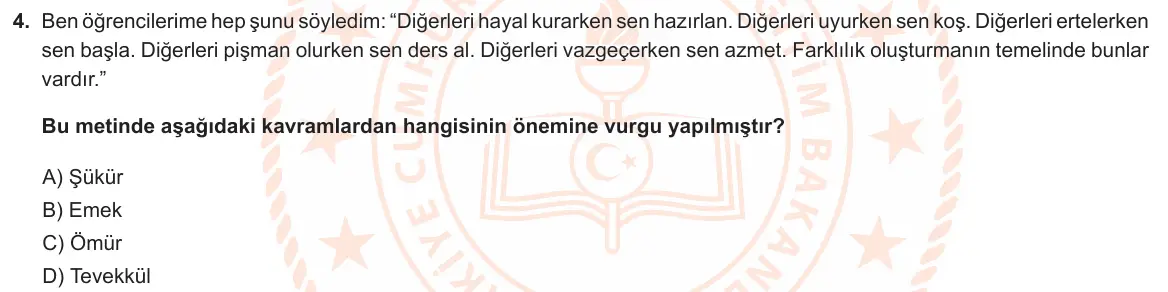 LGS Örnek Soruları Nisan 2021 Sözel Din Kültürü ve Ahlak Bilgisi 4. Soru görseli