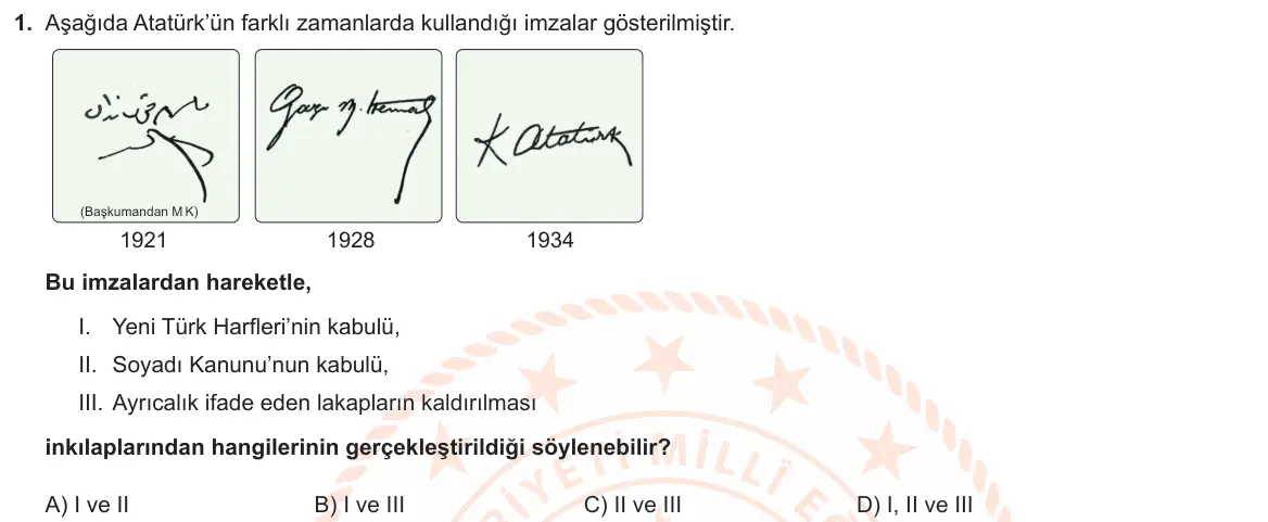 LGS Örnek Soruları Nisan 2021 Sözel T.C. İnkılap Tarihi ve Atatürkçülük 1. Soru görseli