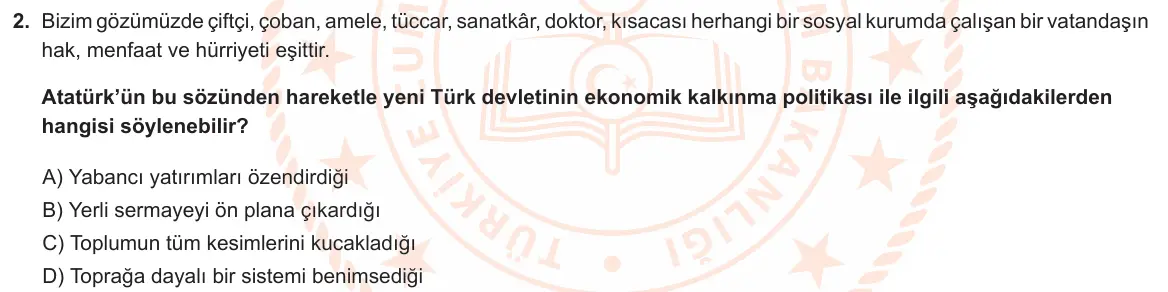 LGS Örnek Soruları Nisan 2021 Sözel T.C. İnkılap Tarihi ve Atatürkçülük 2. Soru görseli