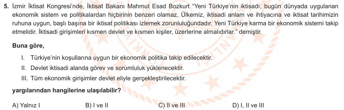 LGS Örnek Soruları Nisan 2021 Sözel T.C. İnkılap Tarihi ve Atatürkçülük 5. Soru görseli
