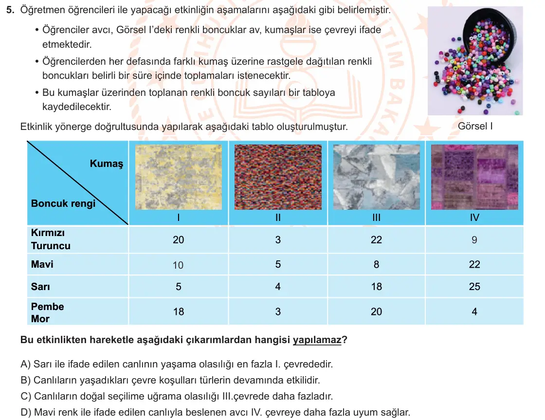 LGS Örnek Soruları Ocak 2021 Sayısal Fen Bilimleri 5. Soru görseli