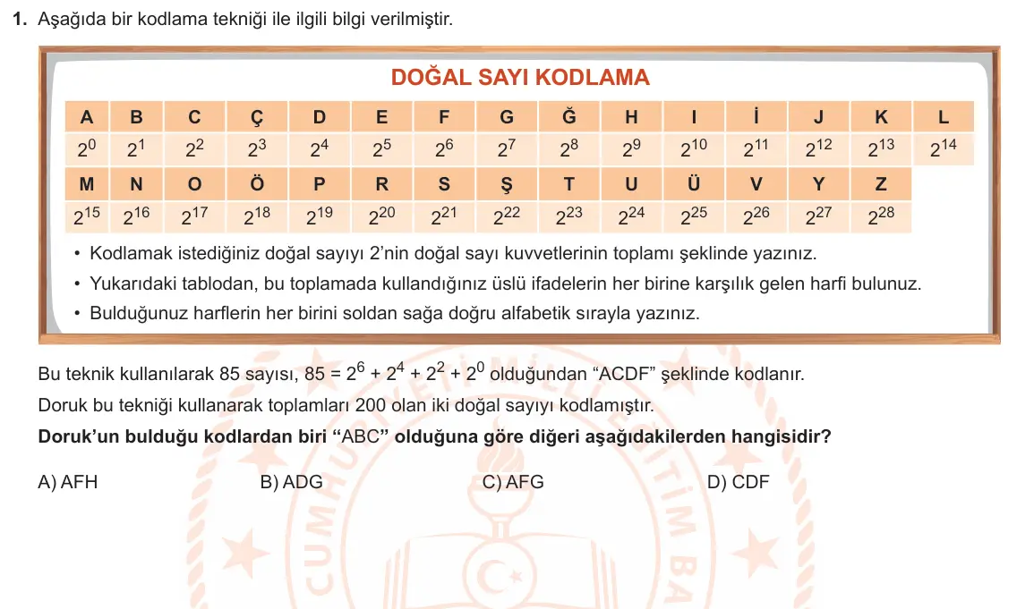 LGS Örnek Soruları Ocak 2021 Sayısal Matematik 1. Soru görseli