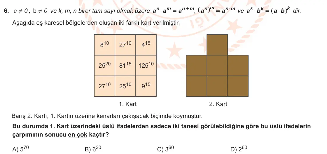 LGS Örnek Soruları Ocak 2021 Sayısal Matematik 6. Soru görseli