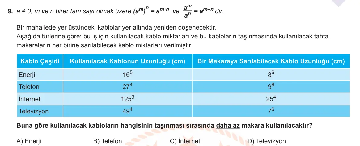 LGS Örnek Soruları Ocak 2021 Sayısal Matematik 9. Soru görseli