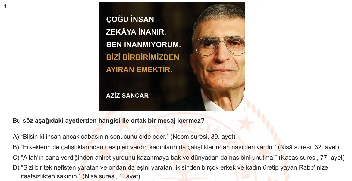 LGS Örnek Soruları Ocak 2021 Sözel Din Kültürü ve Ahlak Bilgisi 1. Soru görseli