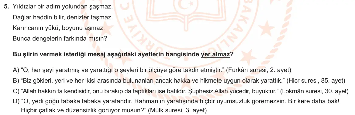 LGS Örnek Soruları Ocak 2021 Sözel Din Kültürü ve Ahlak Bilgisi 5. Soru görseli