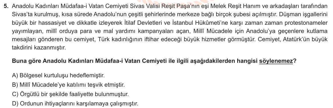 LGS Örnek Soruları Ocak 2021 Sözel T.C. İnkılap Tarihi ve Atatürkçülük 5. Soru görseli