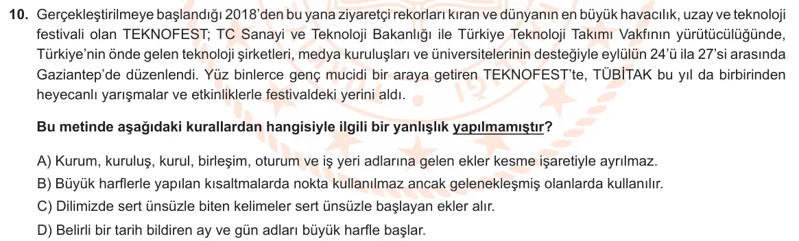 LGS Örnek Soruları Ocak 2021 Sözel Türkçe 10. Soru görseli