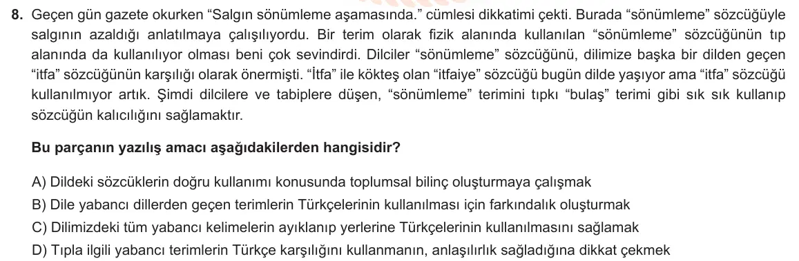 LGS Örnek Soruları Ocak 2021 Sözel Türkçe 8. Soru görseli