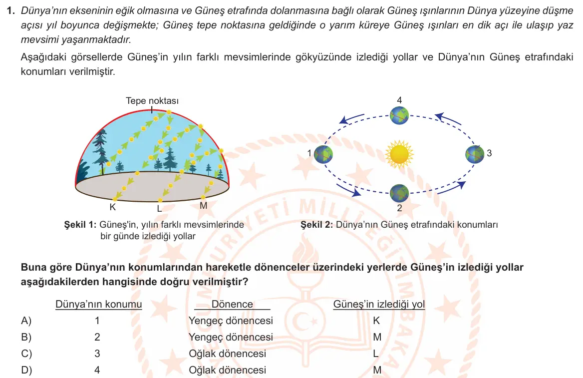 LGS Örnek Soruları Şubat 2021 Sayısal Fen Bilimleri 1. Soru görseli