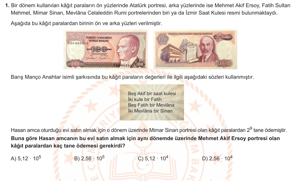 LGS Örnek Soruları Şubat 2021 Sayısal Matematik 1. Soru görseli