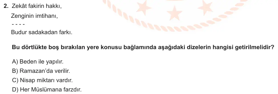 LGS Örnek Soruları Şubat 2021 Sözel Din Kültürü ve Ahlak Bilgisi 2. Soru görseli