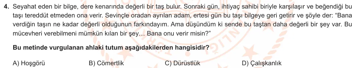LGS Örnek Soruları Şubat 2021 Sözel Din Kültürü ve Ahlak Bilgisi 4. Soru görseli