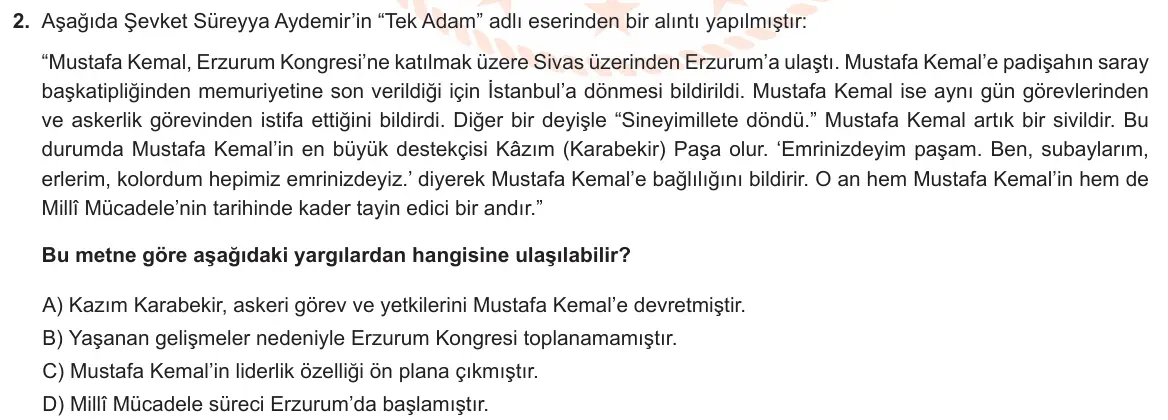 LGS Örnek Soruları Şubat 2021 Sözel T.C. İnkılap Tarihi ve Atatürkçülük 2. Soru görseli