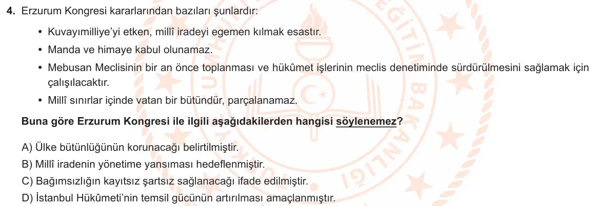LGS Örnek Soruları Şubat 2021 Sözel T.C. İnkılap Tarihi ve Atatürkçülük 4. Soru görseli