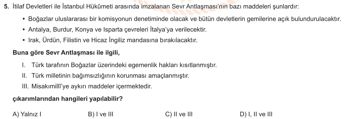 LGS Örnek Soruları Şubat 2021 Sözel T.C. İnkılap Tarihi ve Atatürkçülük 5. Soru görseli