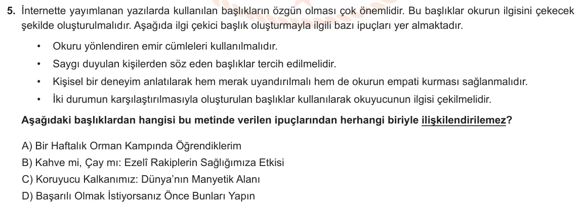 LGS Örnek Soruları Şubat 2021 Sözel Türkçe 5. Soru görseli